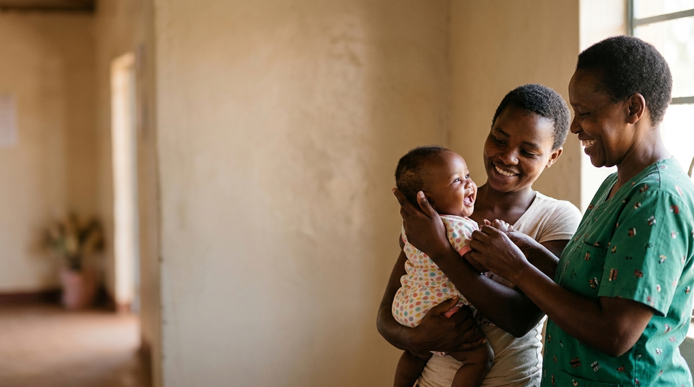 Community health worker smiling alongside a mother and healthy child in a sunlit rural clinic